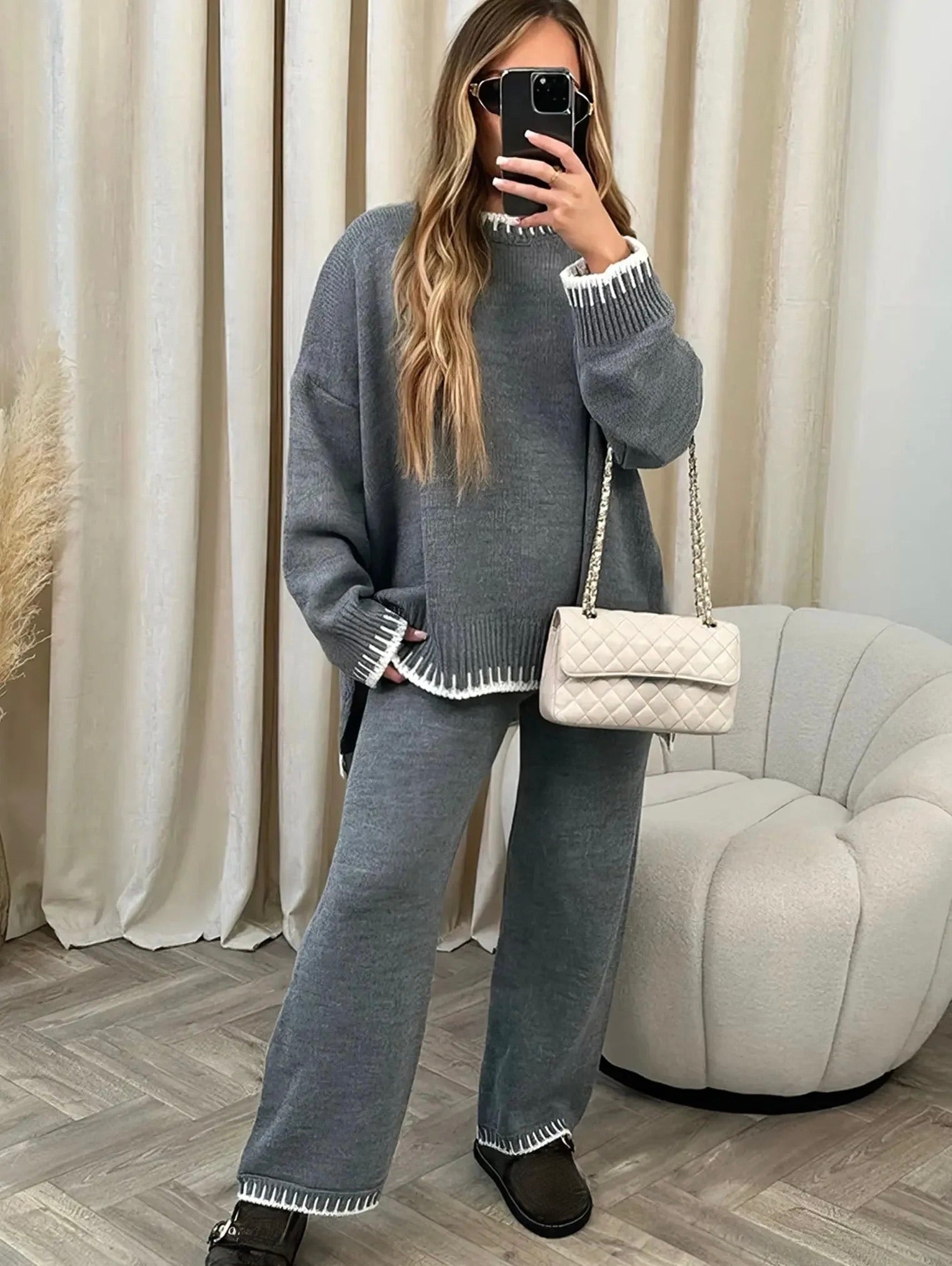 Round Neck Knitted Sweater and Wide Leg Pants Set for Women