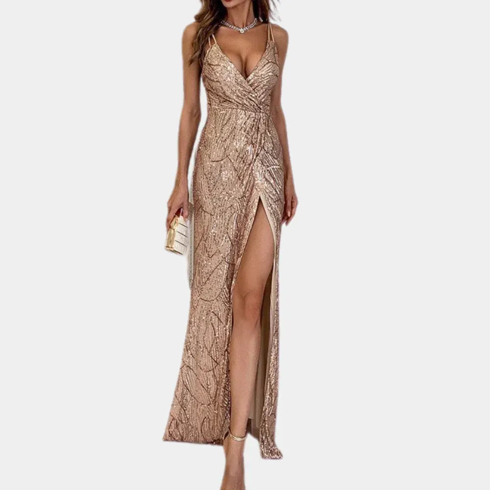 Sequin V-Neck High Slit Maxi Dress for Women