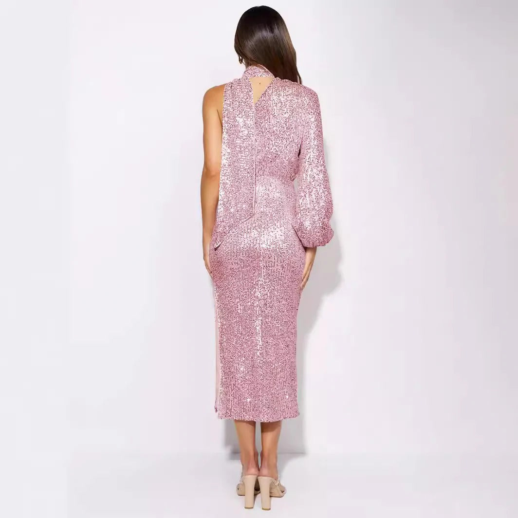 Sequin One Sleeve Mock Neck Midi Dress for Women