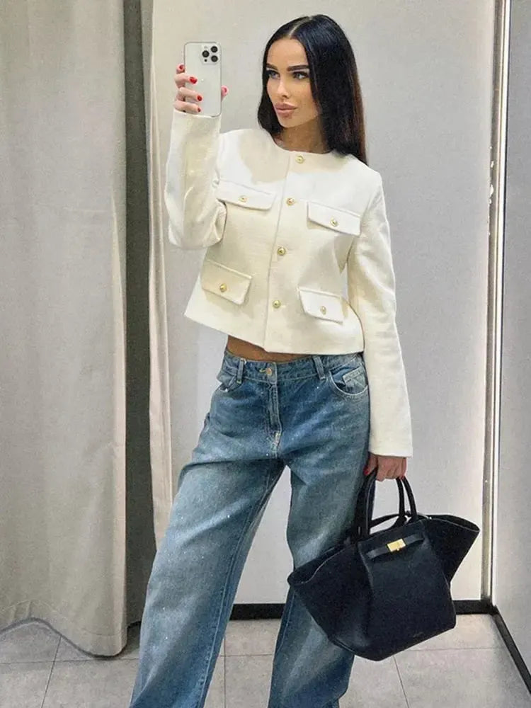 Cropped Textured Button-Up Jacket for Women