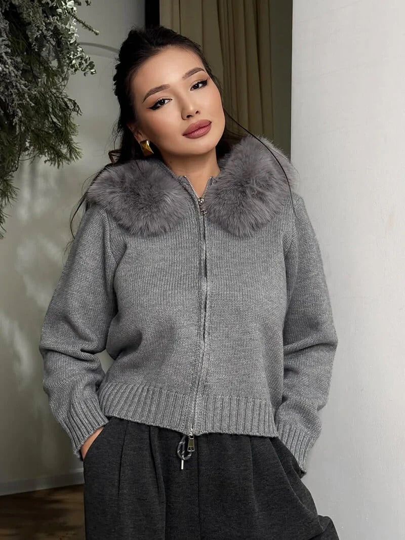 Knitted Zip Up Cardigan with Faux Fur Hood for Women