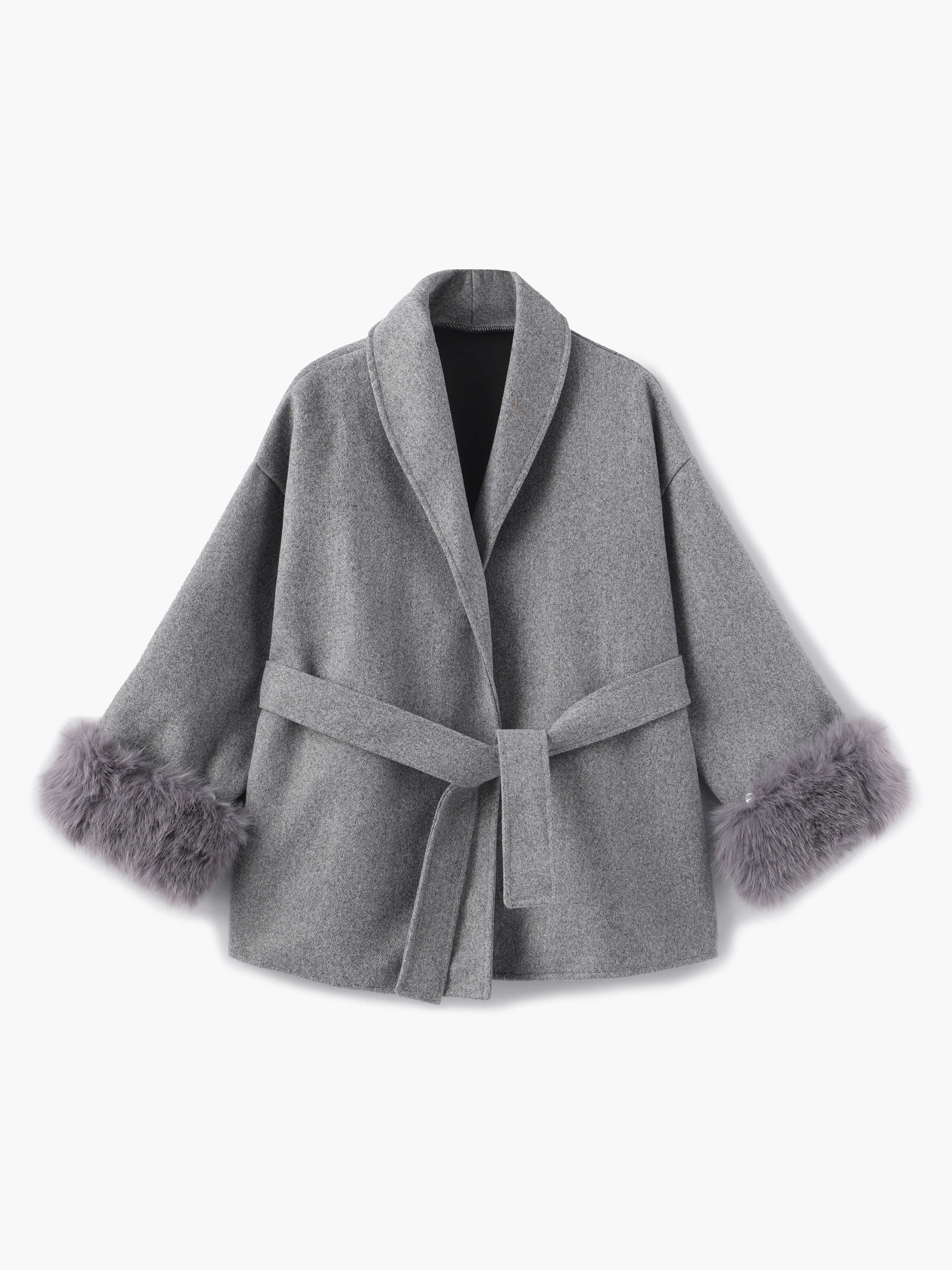 Belted Wrap Coat with Faux Fur Cuffs for Women