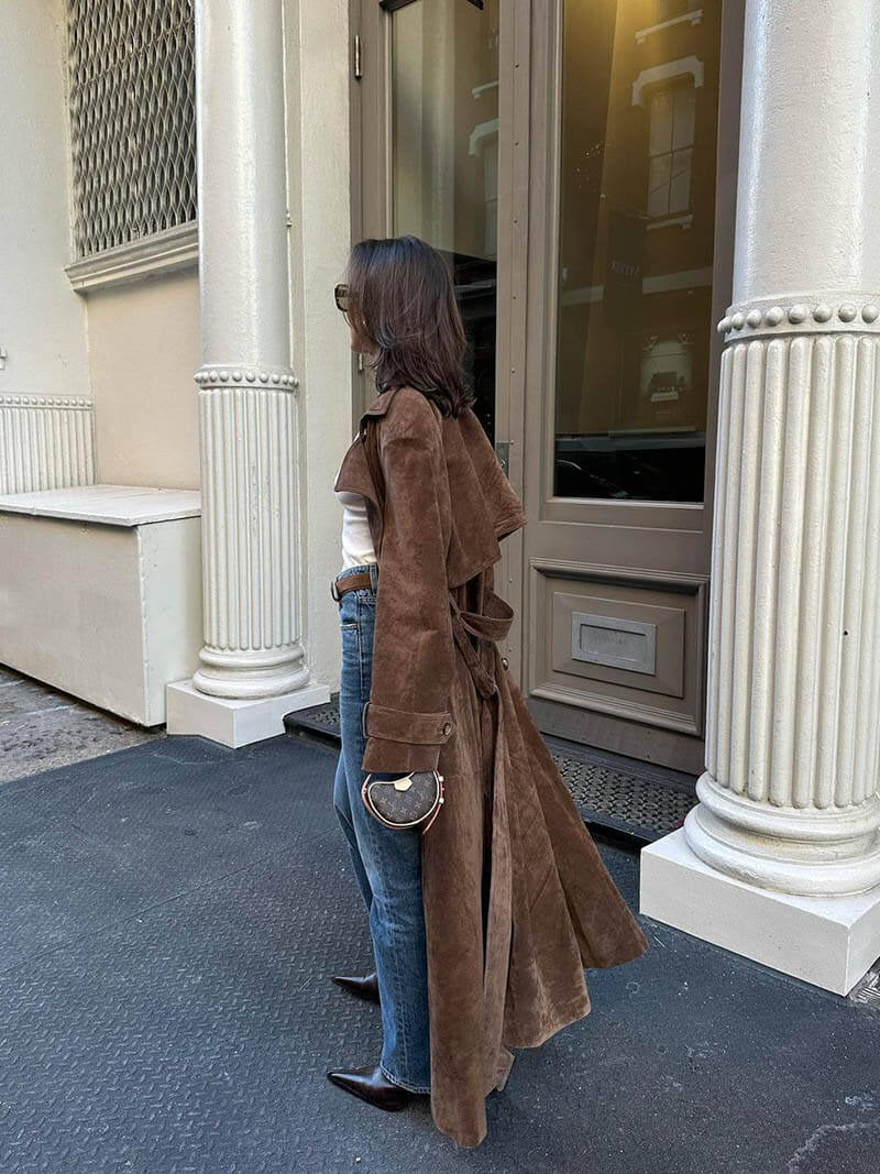 Suede Double Breasted Long Trench Coat for Women