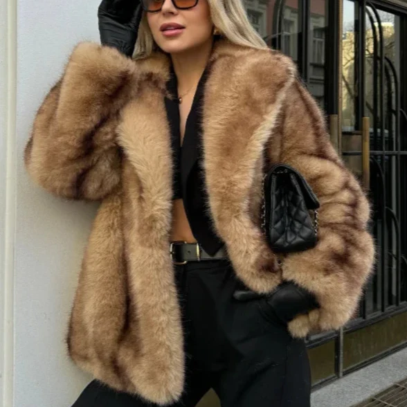 Faux Fur Coat with Wide Lapel Collar for Women