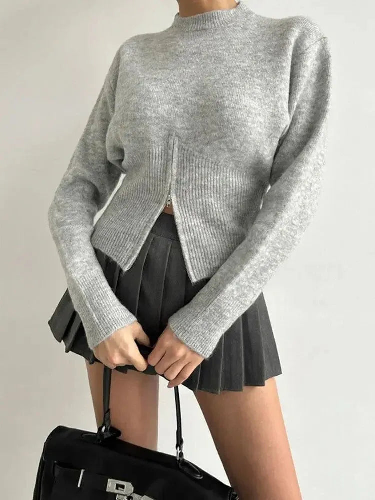 Front Zip Ribbed Knit Mock Neck Sweater for Women