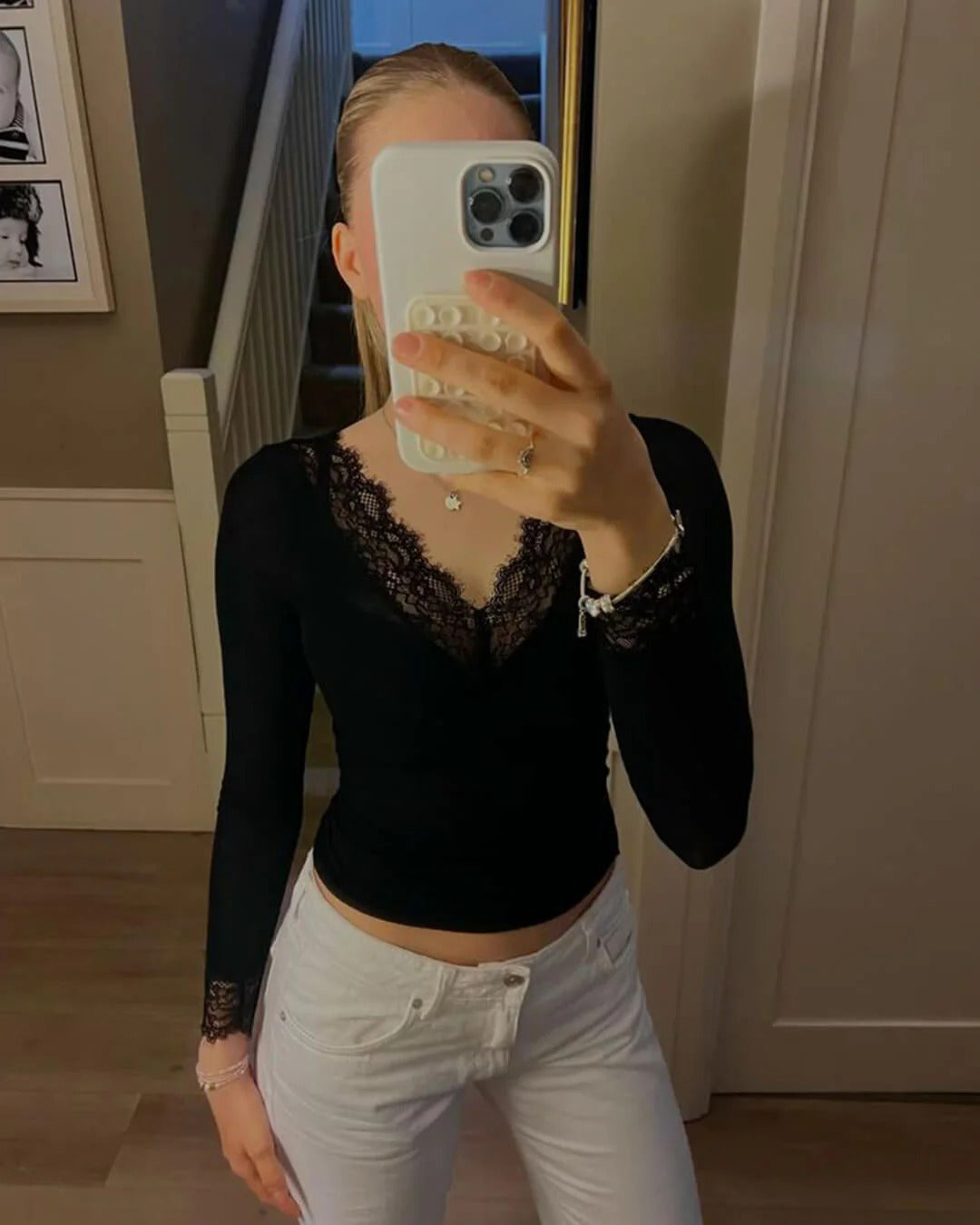 V-Neck Lace Long Sleeve Top for Women