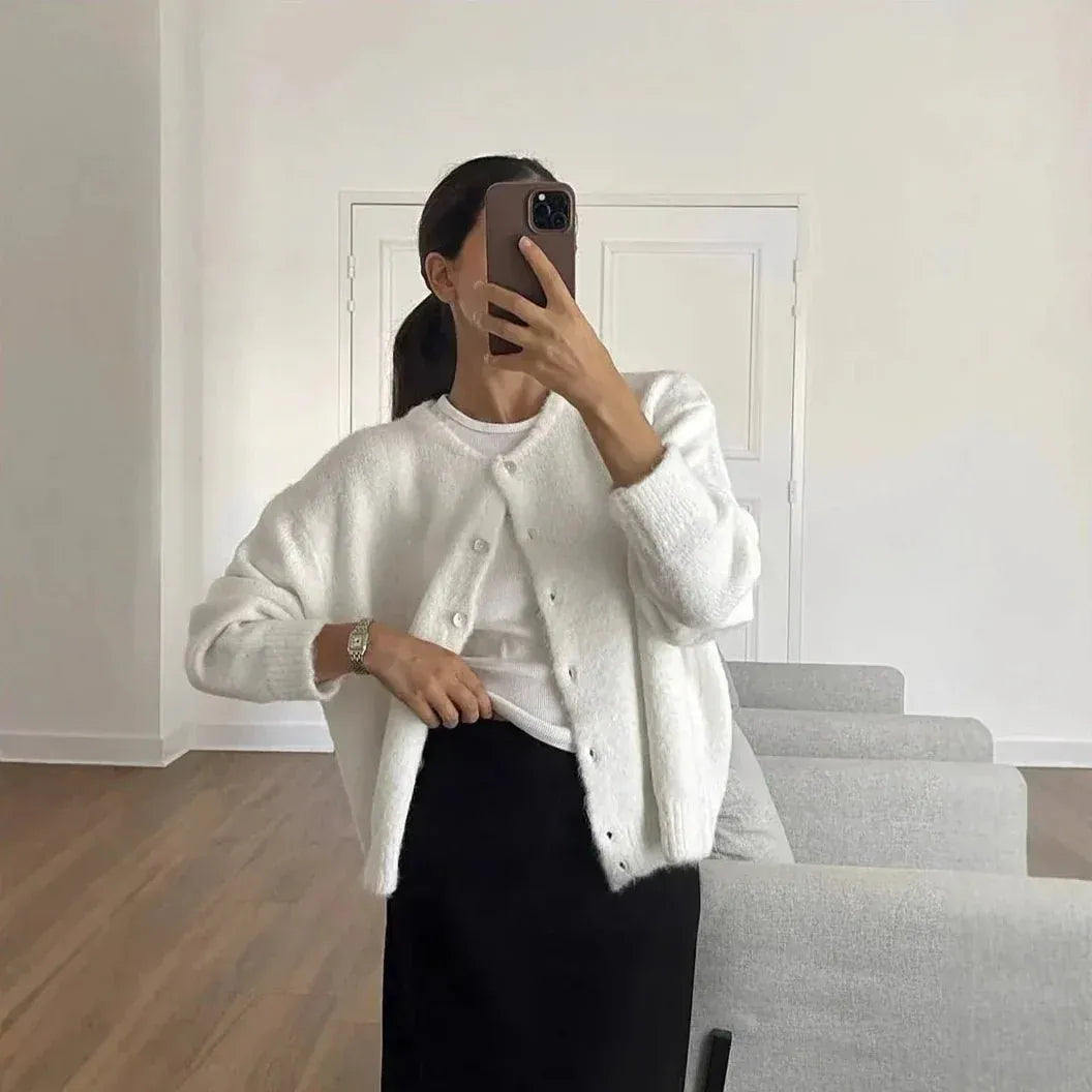 Round Neck Single Breasted Mohair Cardigan for Women