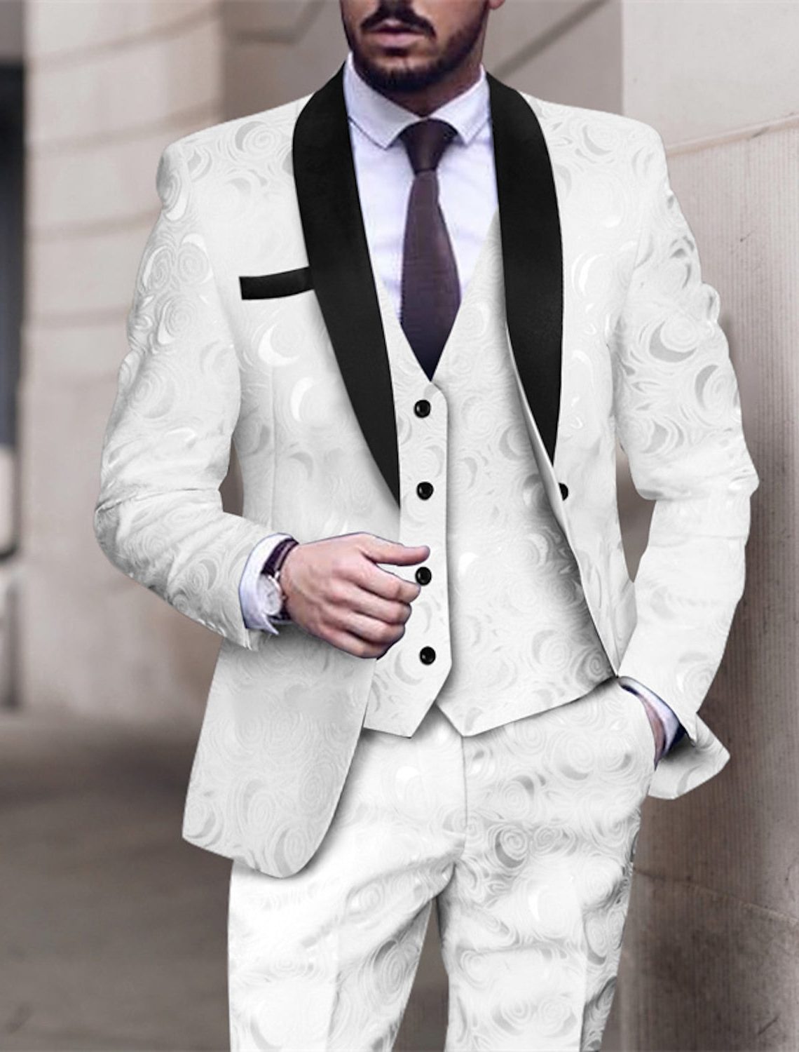 Jacquard Single Breasted Three Piece Suit for Men - White