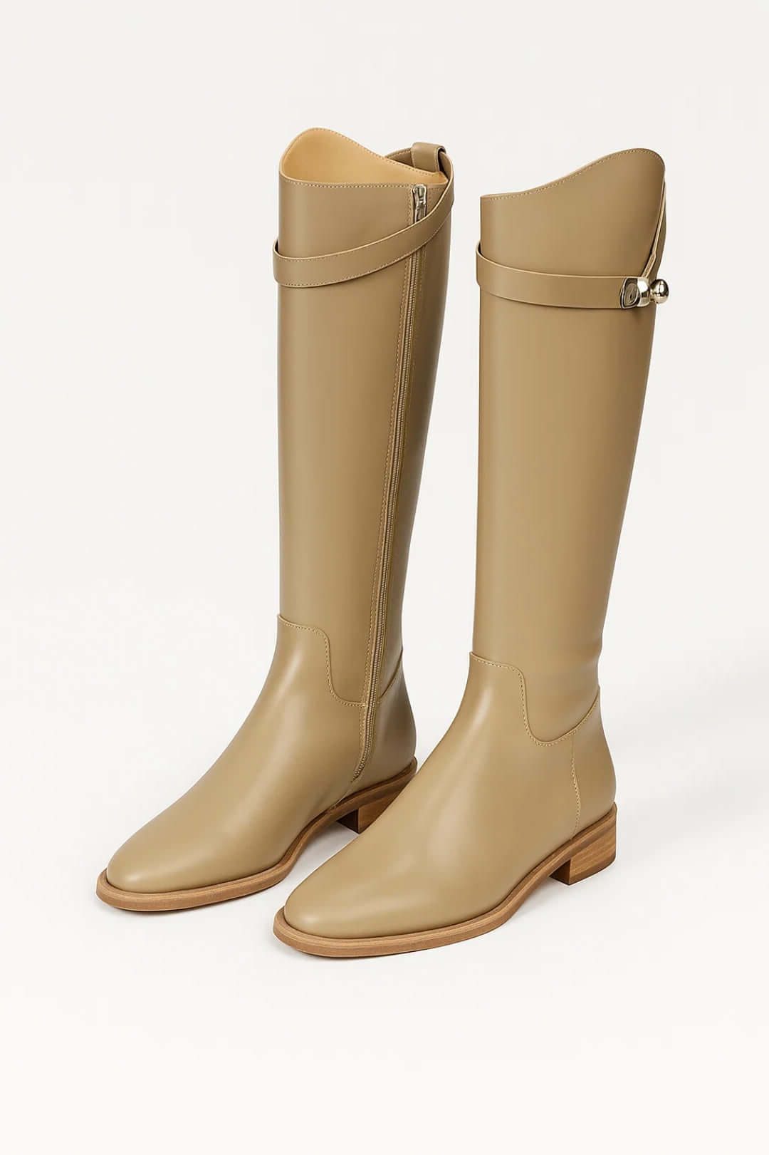 Knee-High Buckle Detail Boots for Women - Beige