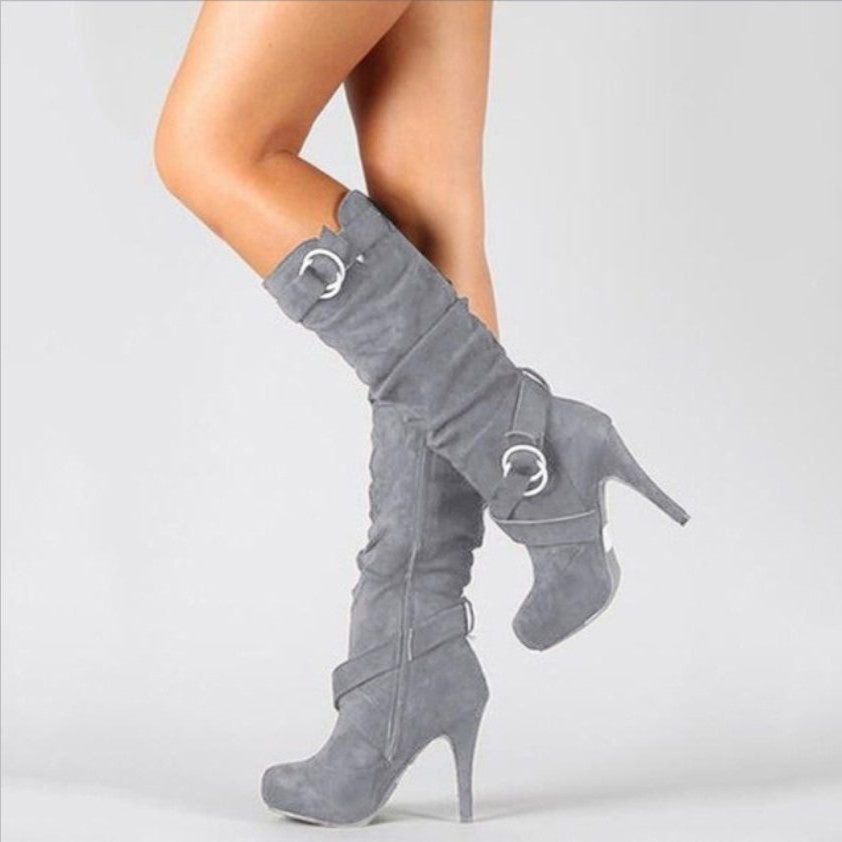 Knee-High Stiletto Boots with Ring Buckle Straps for Women