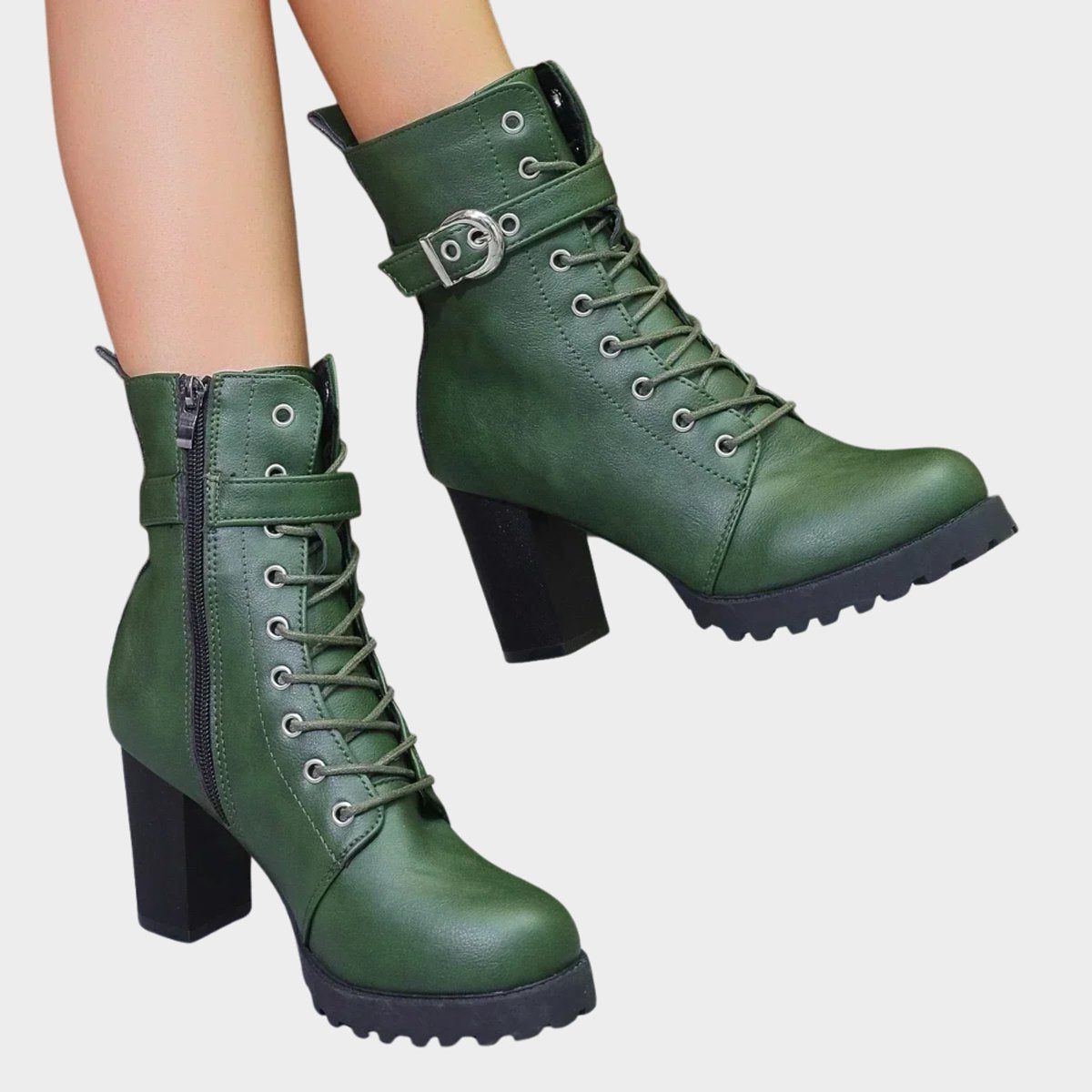 Lace-Up Block Heel Ankle Boots for Women - Green