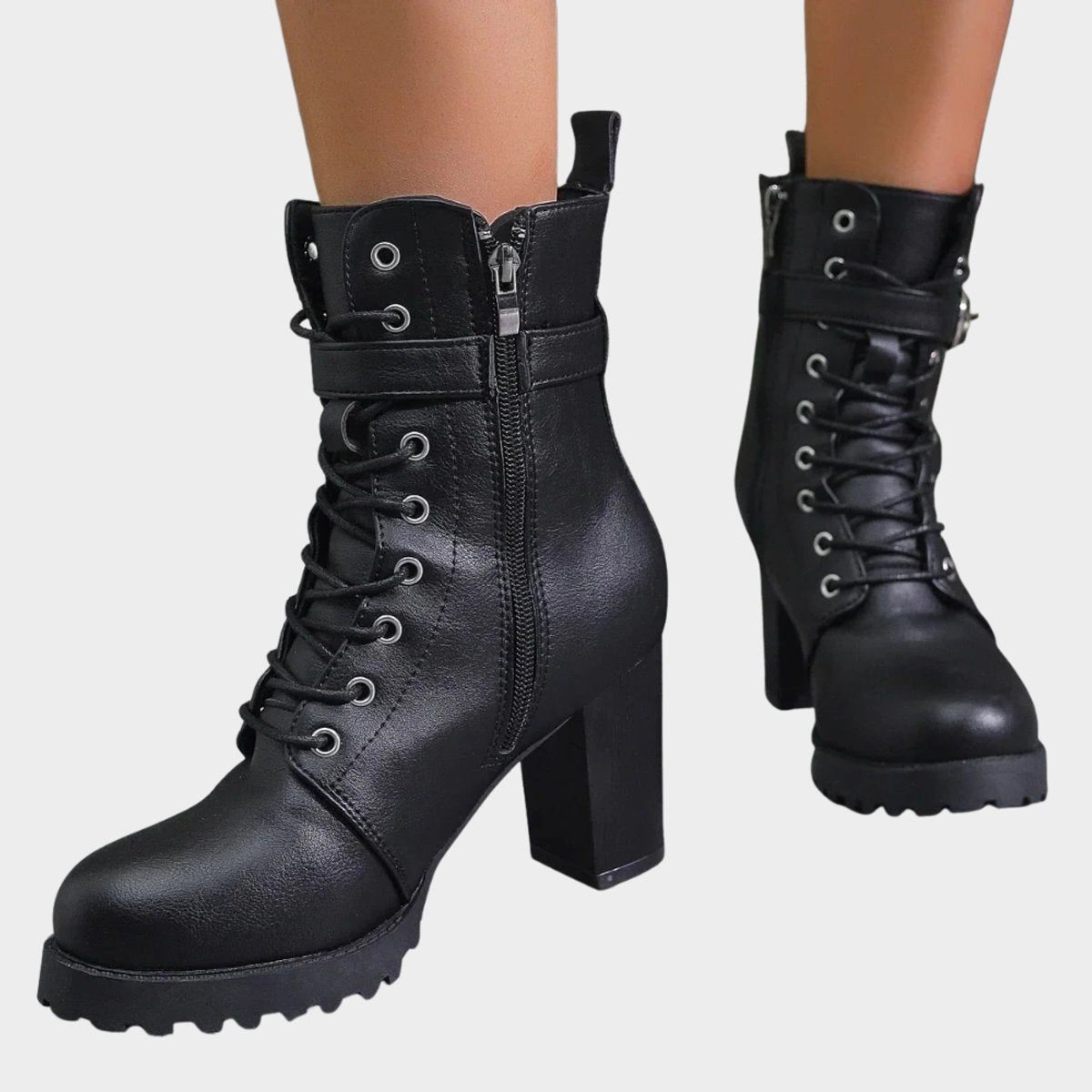 Lace-Up Block Heel Ankle Boots for Women - Black