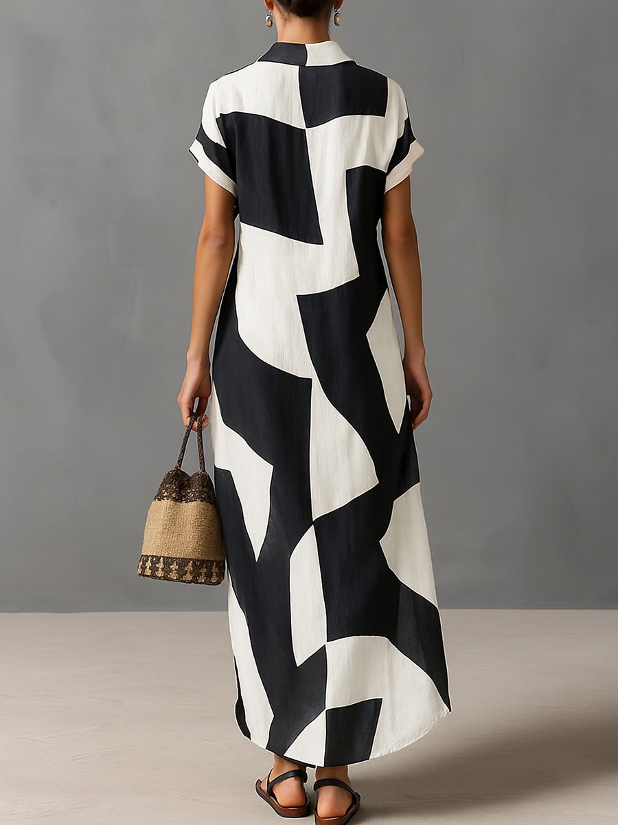Lapel Collar Geometric Print Maxi Shirt Dress for Women - View 2