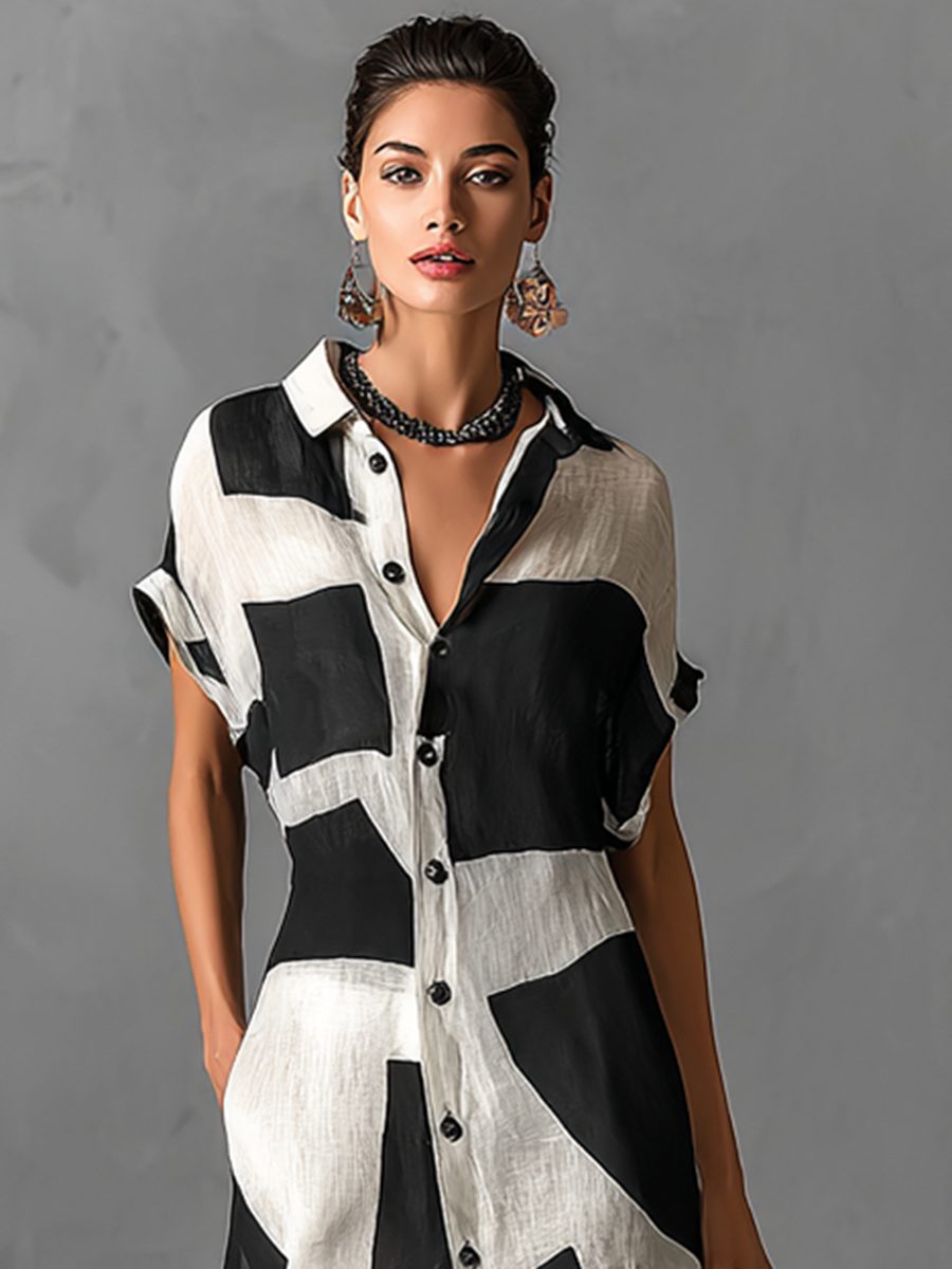 Lapel Collar Geometric Print Maxi Shirt Dress for Women - View 3