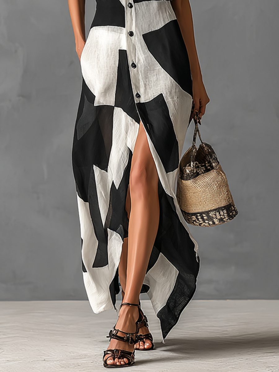 Lapel Collar Geometric Print Maxi Shirt Dress for Women - View 4