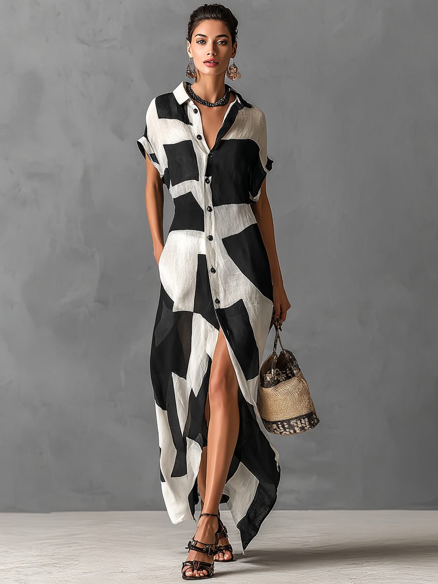 Lapel Collar Geometric Print Maxi Shirt Dress for Women - View 5