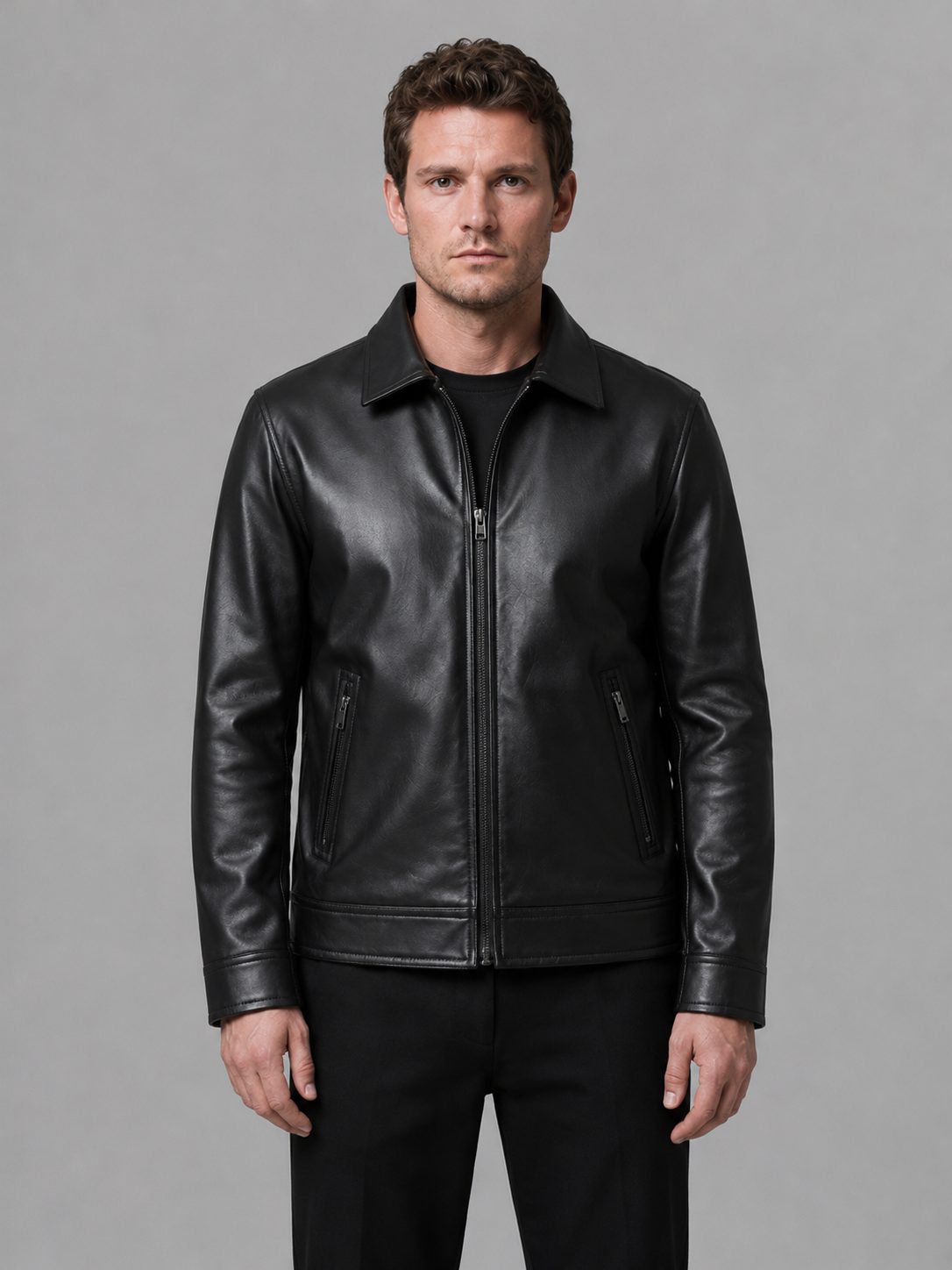 Leather Jacket with Zip Pockets for Men