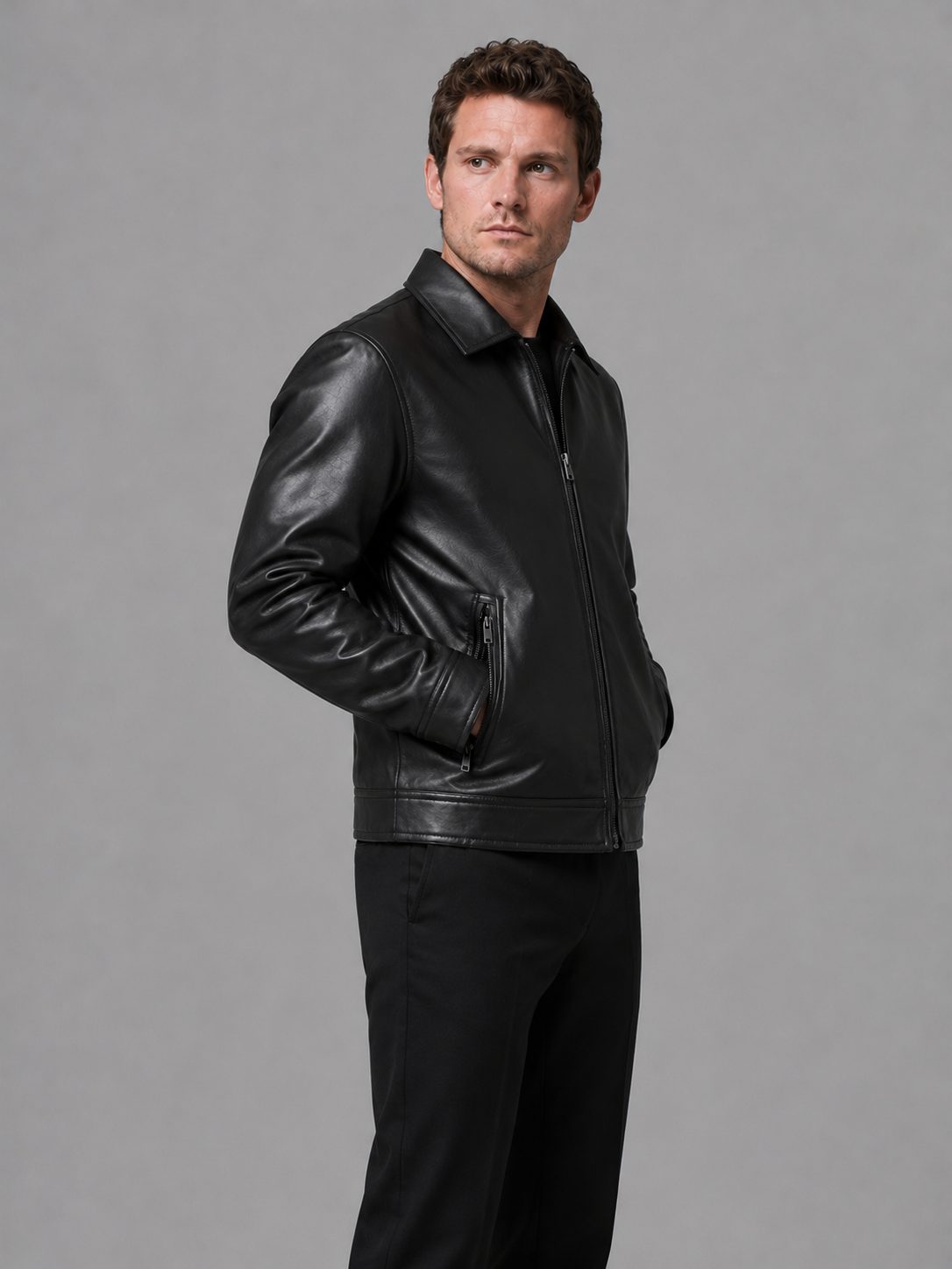 Leather Jacket with Zip Pockets for Men - View 3