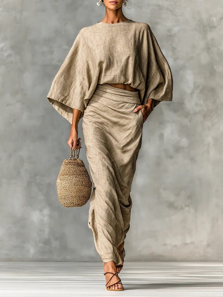 Linen Batwing Sleeve Cropped Top Maxi Skirt Set for Women