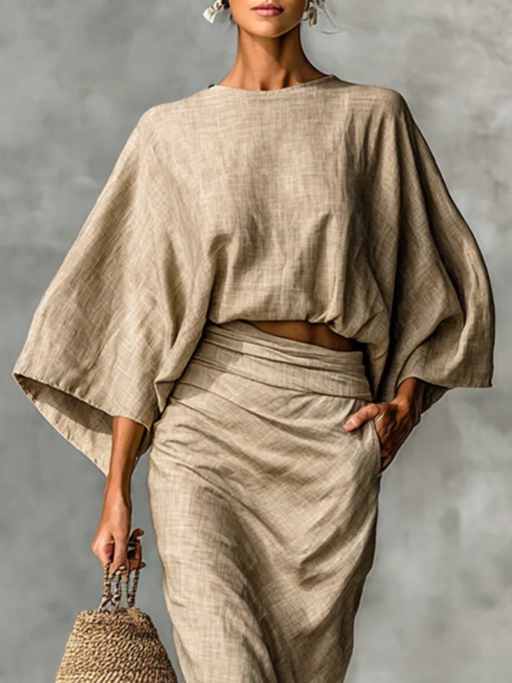 Linen Batwing Sleeve Cropped Top Maxi Skirt Set for Women - View 2