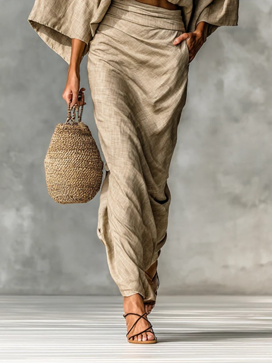 Linen Batwing Sleeve Cropped Top Maxi Skirt Set for Women - View 3