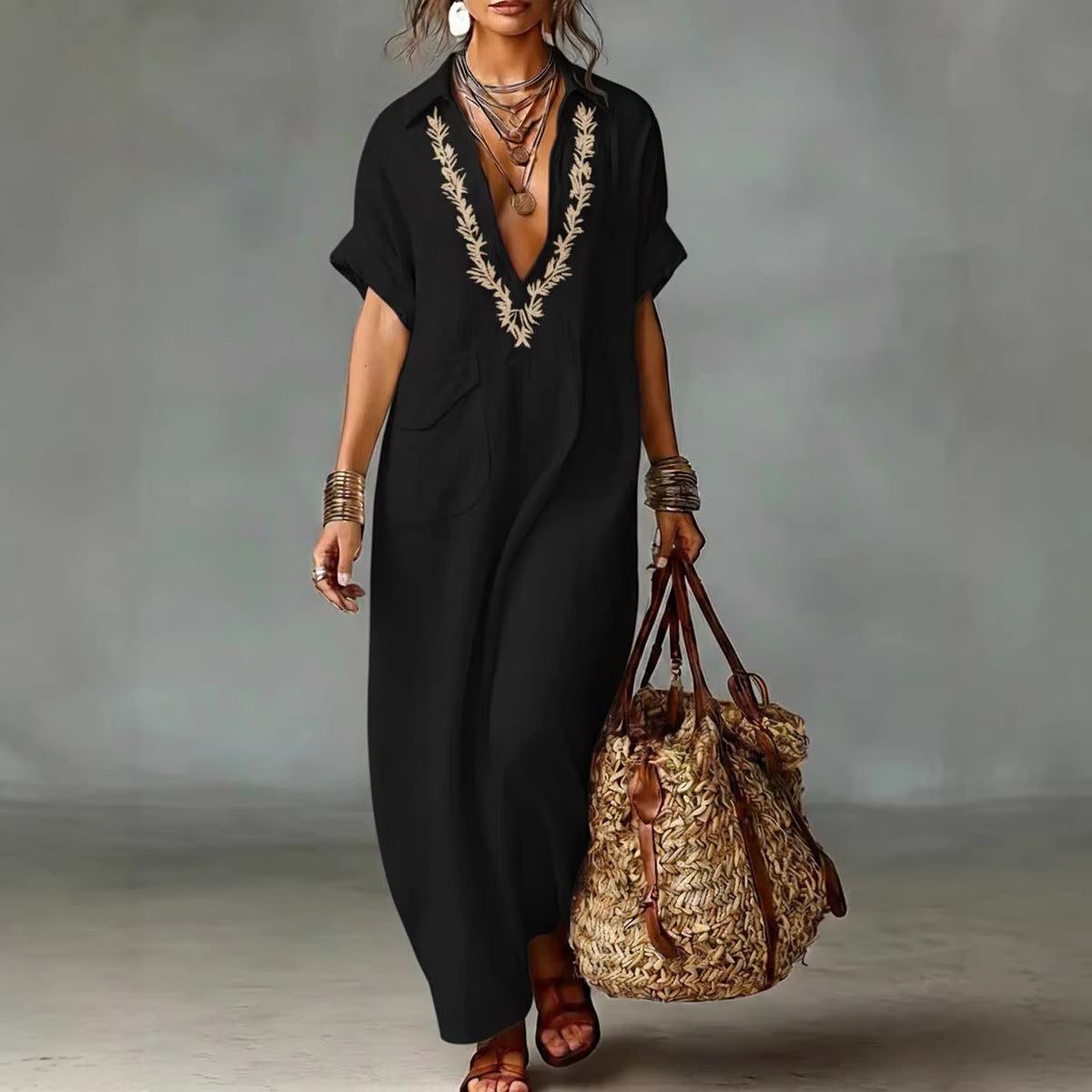 Linen Blend Embroidered V-Neck Maxi Shirt Dress for Women - Black