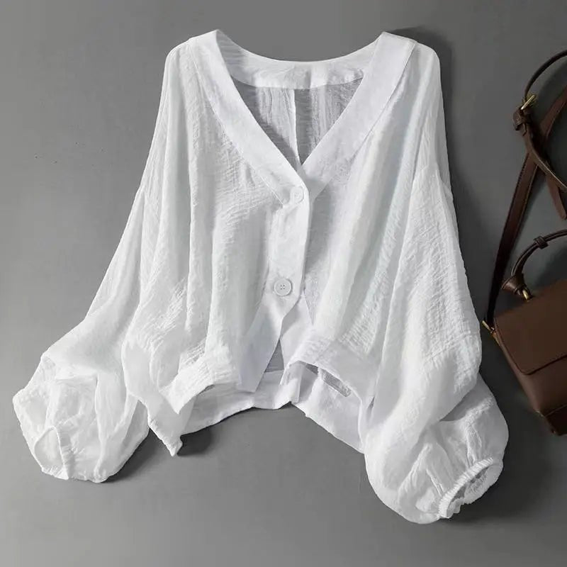 V-Neck Batwing Linen Blouse for Women