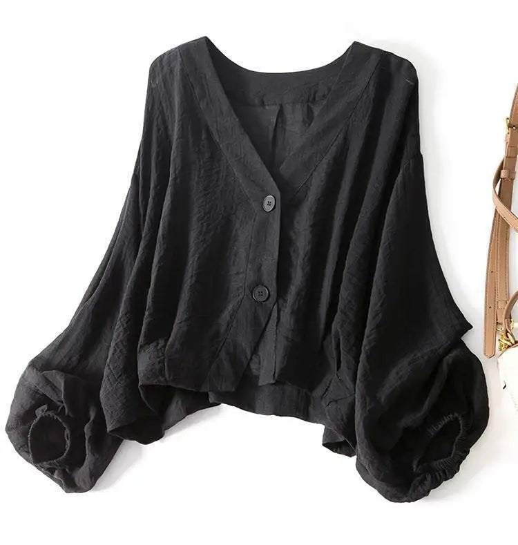 V-Neck Batwing Linen Blouse for Women