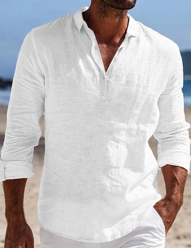 Linen Button-Down Long Sleeve Shirt for Men - White