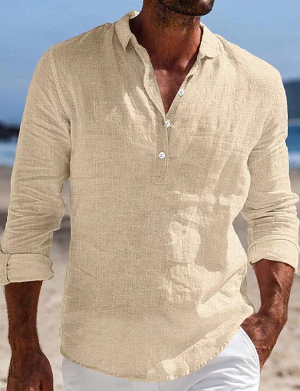 Linen Button-Down Long Sleeve Shirt for Men - Beige