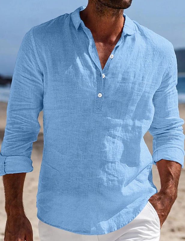 Linen Button-Down Long Sleeve Shirt for Men - Blue