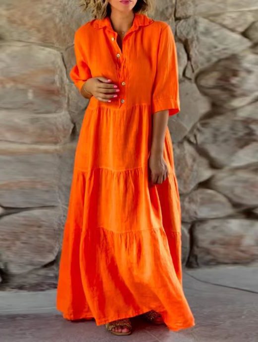 Linen Button-Down Maxi Shirt Dress for Women - Orange
