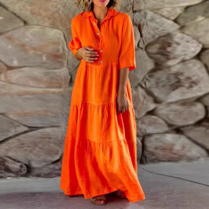 Linen Button-Down Maxi Shirt Dress for Women