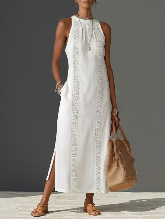Linen Embroidered Sleeveless Midi Dress for Women