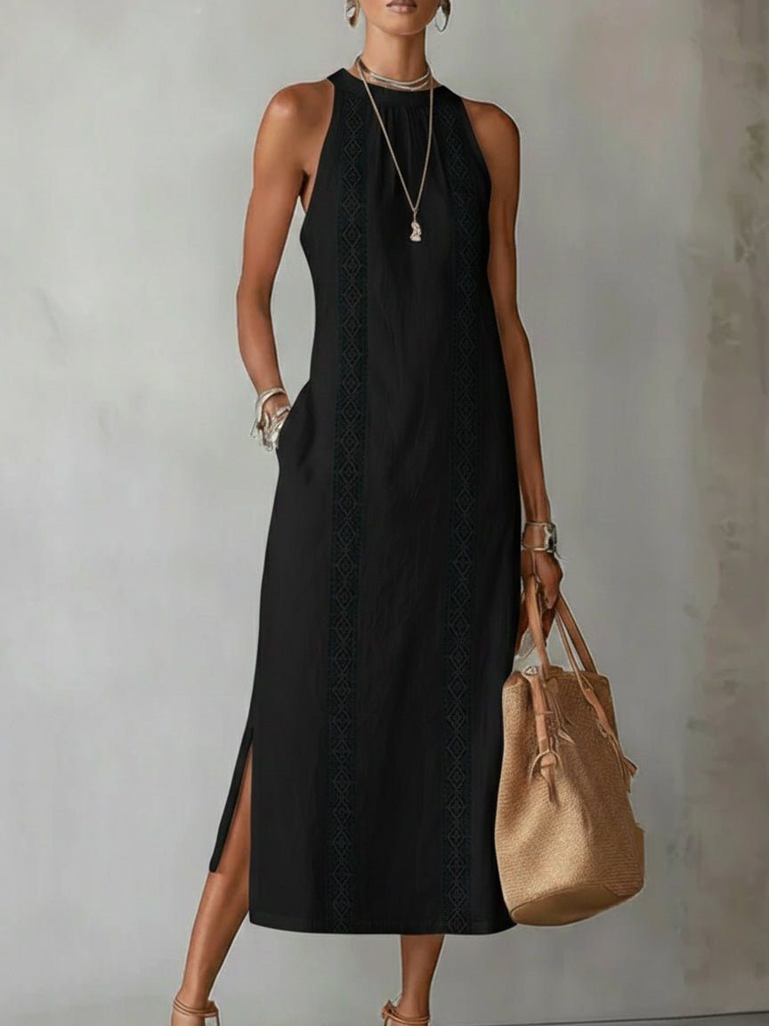 Linen Embroidered Sleeveless Midi Dress for Women - Black