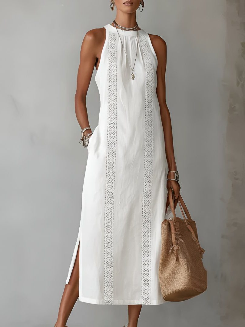 Linen Embroidered Sleeveless Midi Dress for Women - White