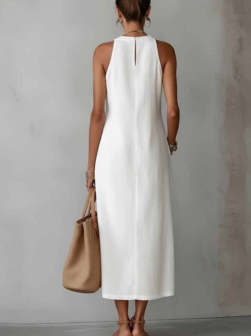 Linen Embroidered Sleeveless Midi Dress for Women - View 3