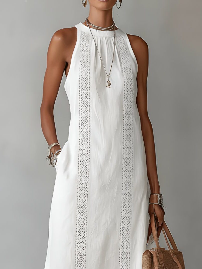 Linen Embroidered Sleeveless Midi Dress for Women - View 4