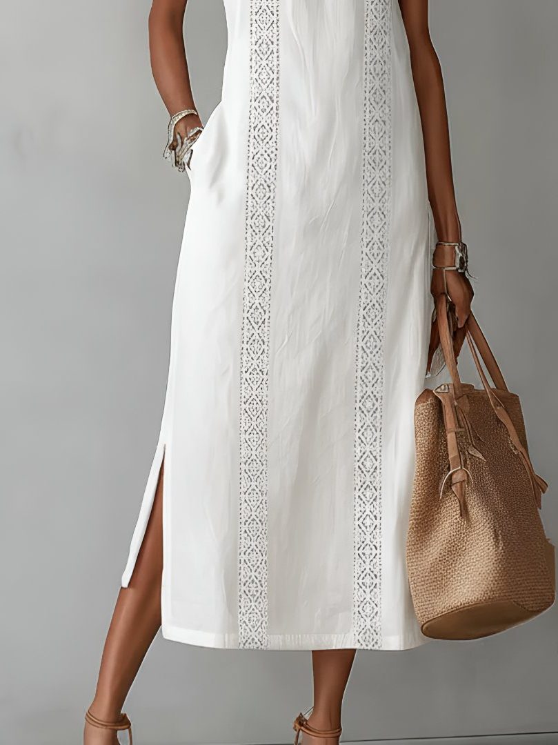 Linen Embroidered Sleeveless Midi Dress for Women - View 5
