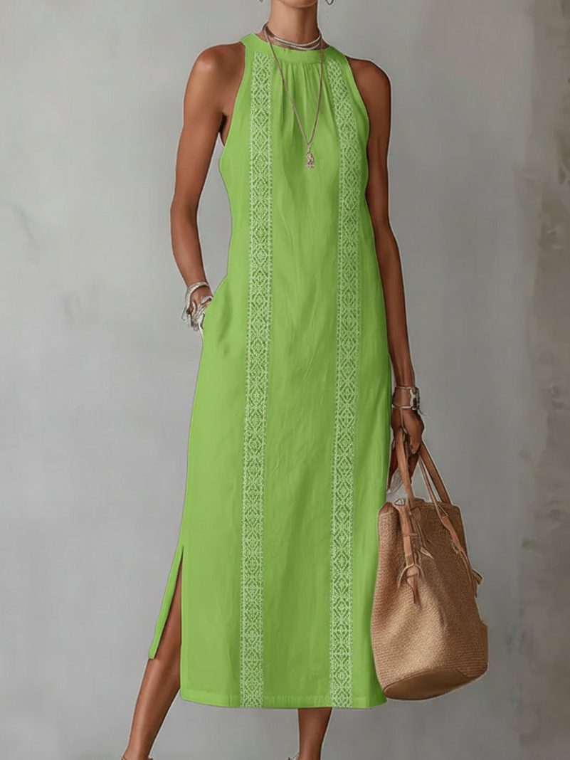 Linen Embroidered Sleeveless Midi Dress for Women - Green