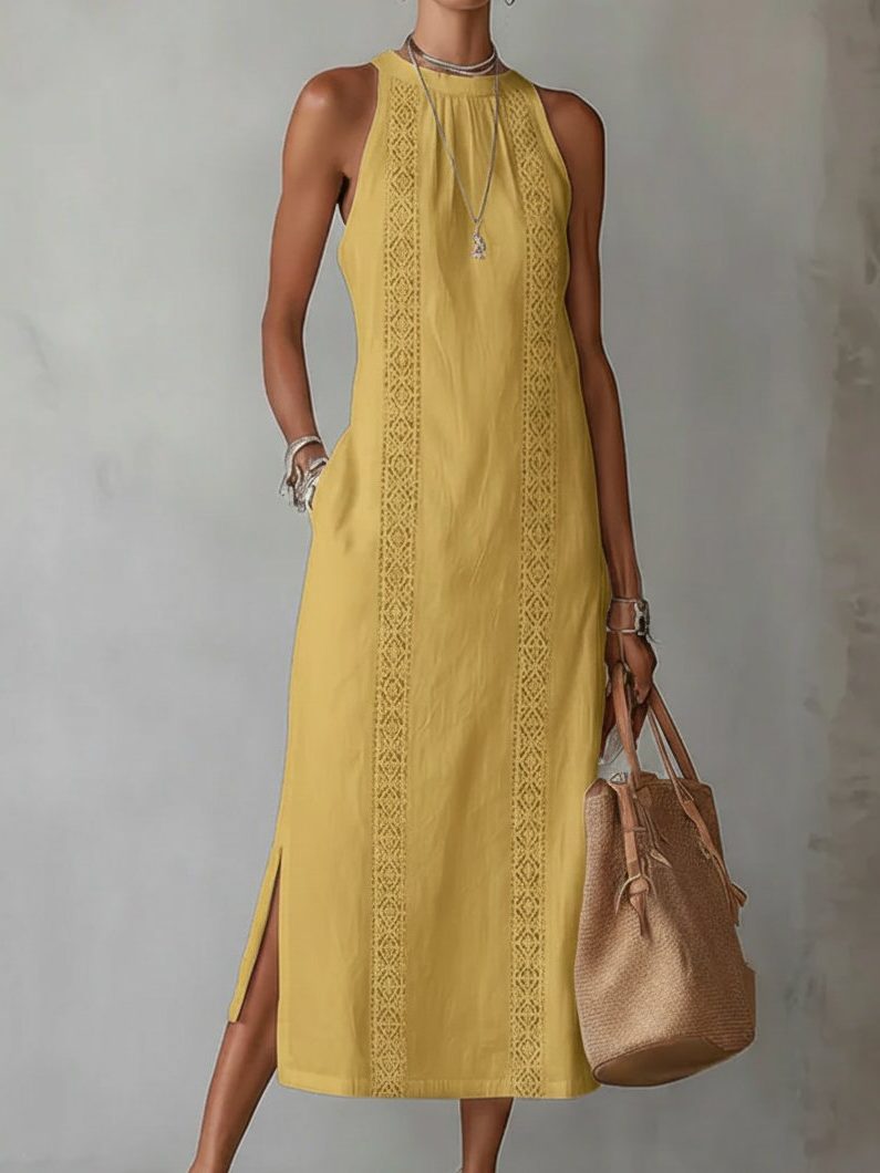 Linen Embroidered Sleeveless Midi Dress for Women - Yellow