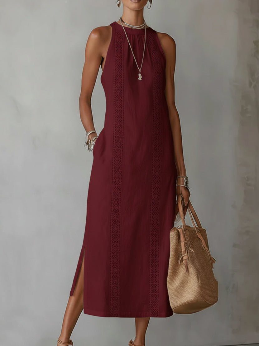Linen Embroidered Sleeveless Midi Dress for Women - Red