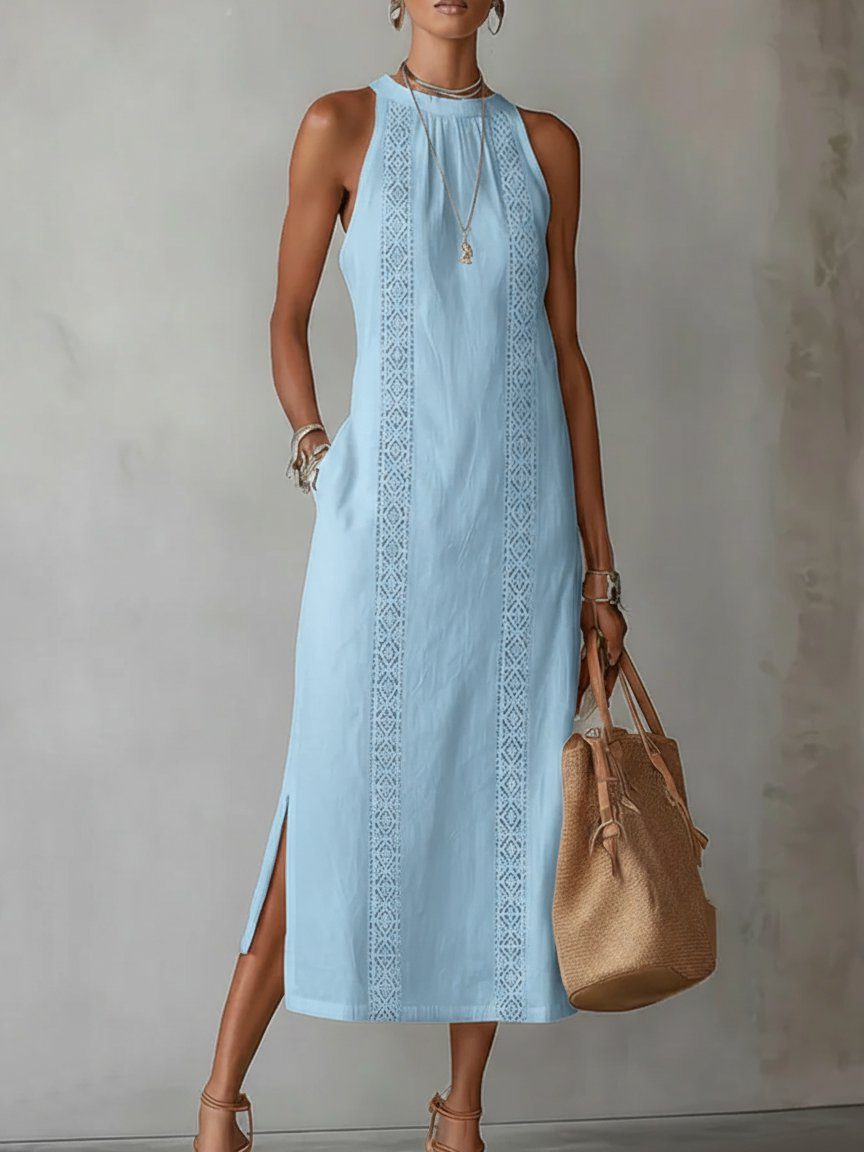 Linen Embroidered Sleeveless Midi Dress for Women - Blue