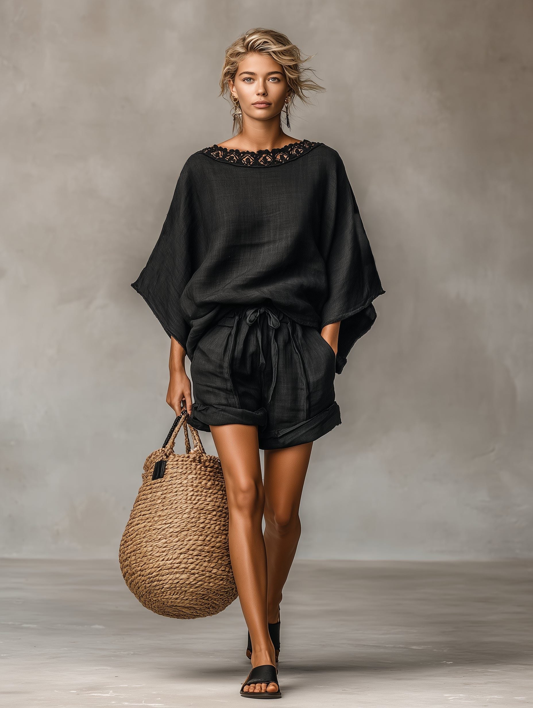 Linen Lace-Trim Shorts Set for Women