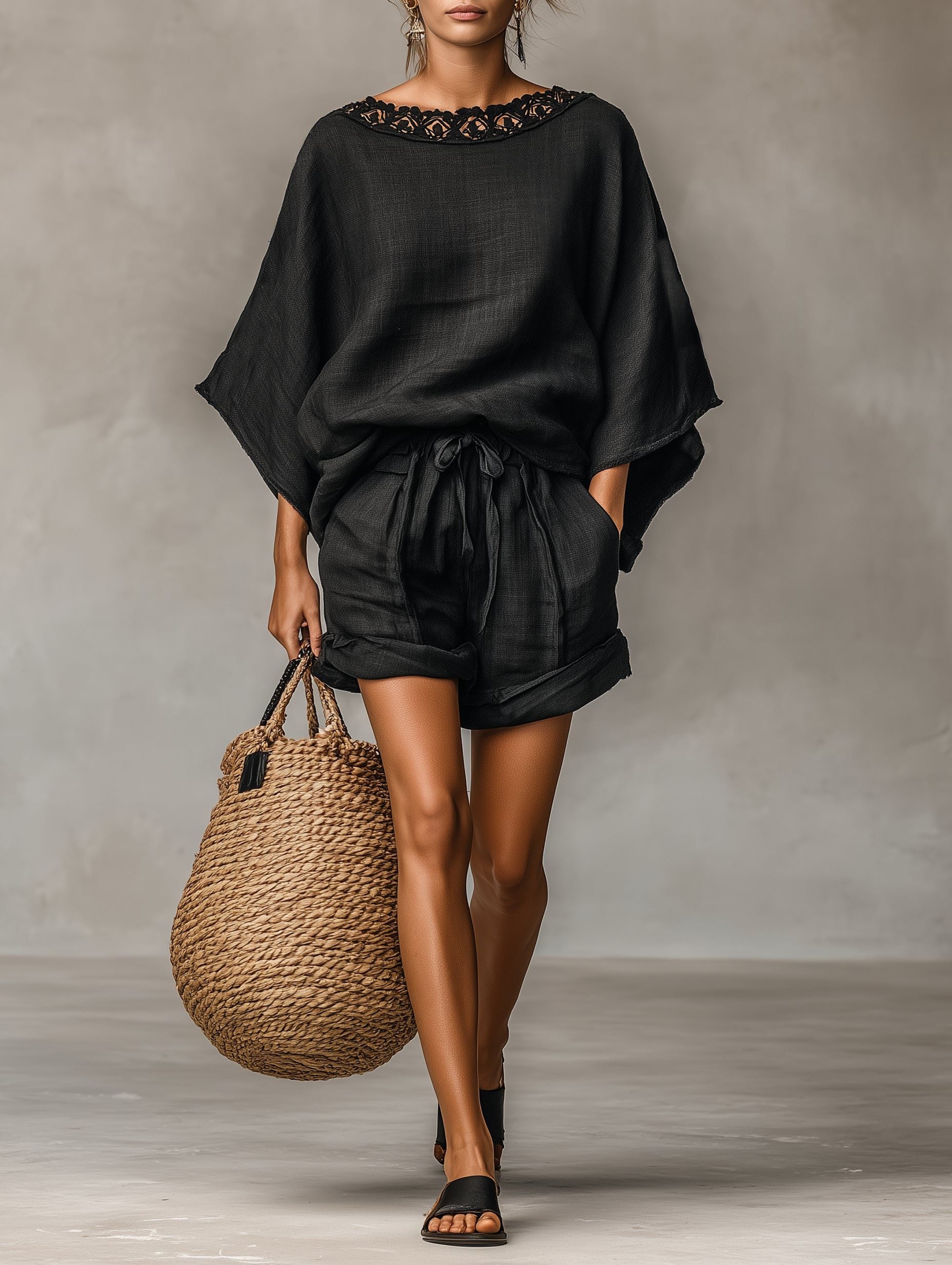 Linen Lace-Trim Shorts Set for Women - View 2