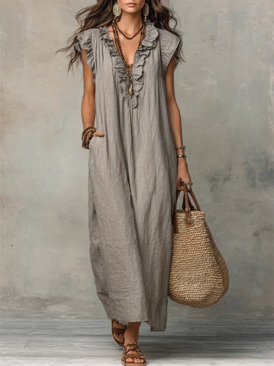 Linen Maxi Dress with V-Neck and Flutter Sleeve for Women