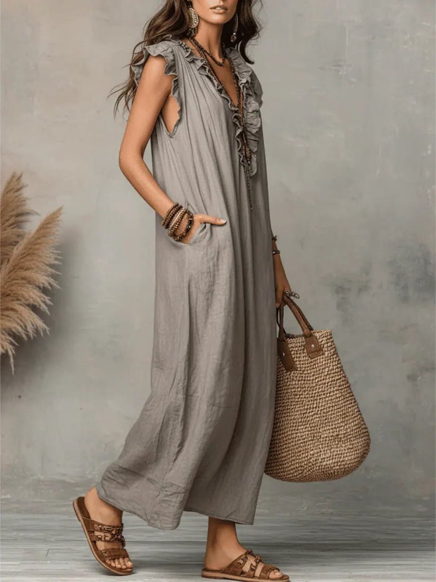 Linen Maxi Dress with V-Neck and Flutter Sleeve for Women - View 10
