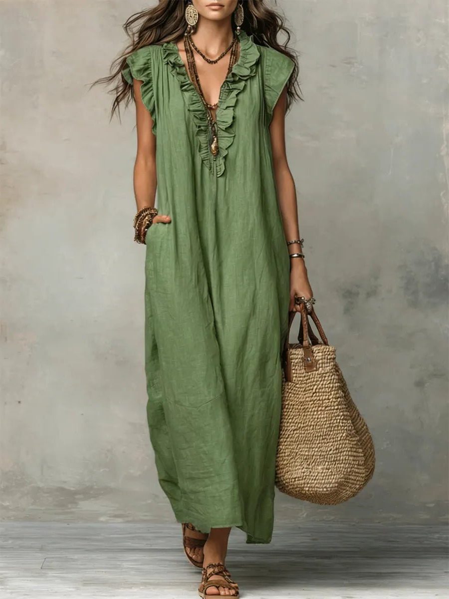 Linen Maxi Dress with V-Neck and Flutter Sleeve for Women - Green