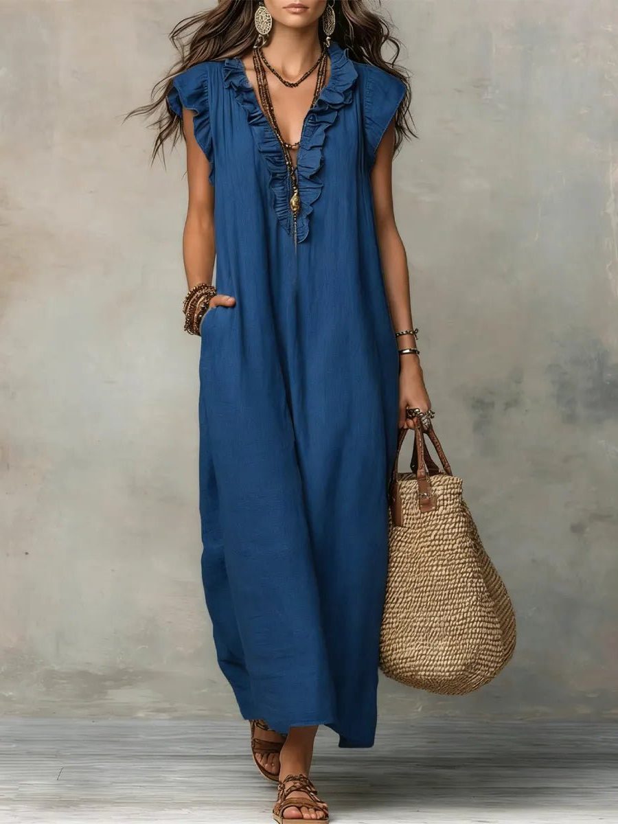 Linen Maxi Dress with V-Neck and Flutter Sleeve for Women - Blue