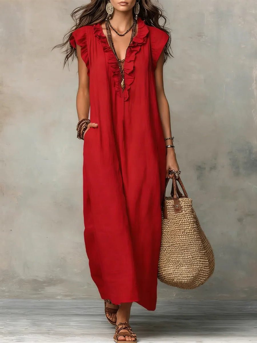 Linen Maxi Dress with V-Neck and Flutter Sleeve for Women - Red
